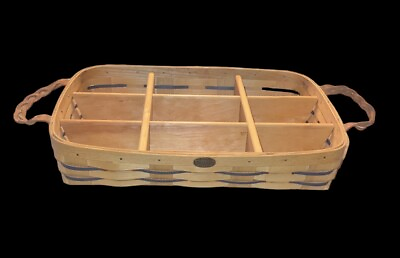 #ad #ad Peterboro Basket Company Divided Wood Tray Leather Handles Brown Navy Blue $42.99