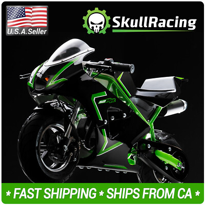 #ad SkullRacing Gas Powered Mini Pocket Bike Motorcycle 50RR Green $399.00