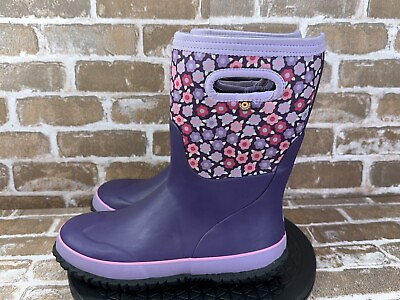 #ad BOGS Grasp Flowers Tall Rain Snow Boots Purple Girls Youth Size 5 $28.95