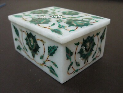 #ad 4 x 3 Inches Malachite Stone Inlay Work Stationary Box White Marble Trinket Box $116.80