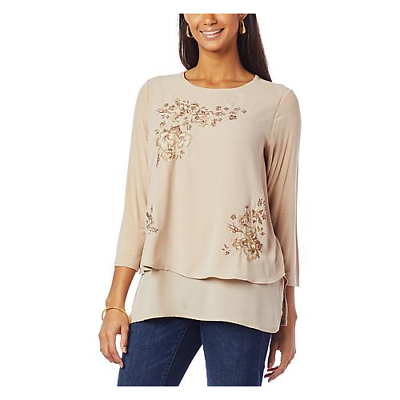 DG2 by Diane Gilman 3 4 Sleeve Embroidered Easy Top Taupe 1x . $26.90