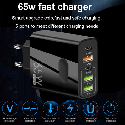 65W 5USB Type C Fast Wall Charger PD QC3.0 Adapter For MacBook iPhone Samsung US $9.21