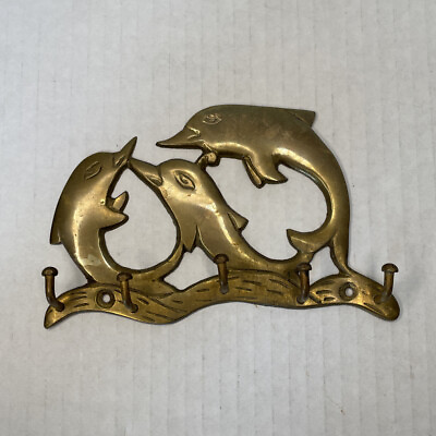 Vintage Solid Brass Dolphins Key Holder Wall Rack Nautical Beach FREE SHIPPING $14.99