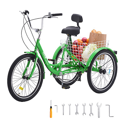 #ad VEVOR 26quot; Adult Tricycles Bike 3 Wheel Trike Bicycle 7 Speed Carbon Steel Green $199.89