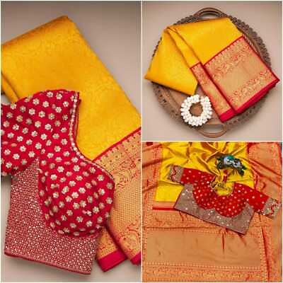 Indian designer banarasi silk saree with stitched blouse bridal party wear sari $39.60