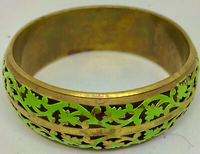 #ad Bangle Bracelet Vintage Japanese Asian Green w Gold Leaf Oriental Wide Style $27.85