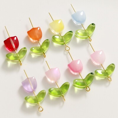 100 Sets Mixed Tulip FlowerLeaf Lampwork Glass Beads DIY Jewellery Making Craft $14.79