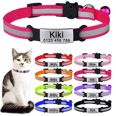 #ad Reflective Breakaway Cat Collar with Bell Custom Personalized Engraved Name Tag $4.99