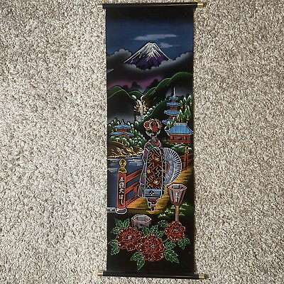 #ad Vintage Japanese Black Velvet Wall Banner Tapestry Geisha Temple Mount Fuji $20.00