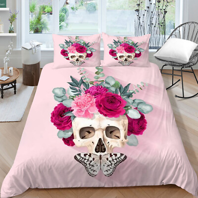 #ad Fashion Flower Skull Girls Pink Duvet Quilt Cover Queen Bedding Set Pillowcase $66.10