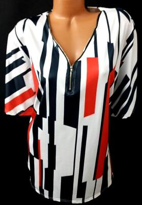 #ad #ad *Women#x27;s white black geometric partial zip spandex stretch short sleeve top 5XL $13.99