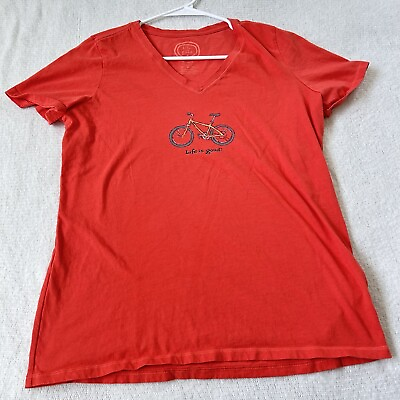#ad #ad Life is Good V Neck T Shirt Tee Orange Bicycle Bike Women#x27;s Size M FLAW $12.00